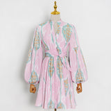 Brand Short  Spring Young V-neck Waist-Controlled Lace-up Lantern Sleeve Large Swing A- line Dress