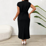 Plus Size Women Round Neck Short Sleeve Dress Summer Elegant High Grade Mid Dress Women