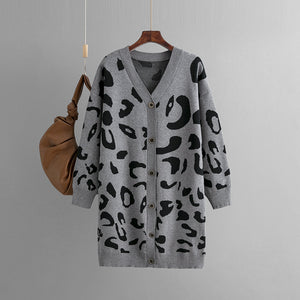 Autumn Winter Knitwear Mid Length Leopard Print Sweater Cardigan Women Baggy Coat