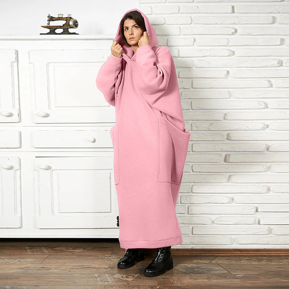 Women Clothing Lengthened Sweater Autumn Winter Pocket plus Size Hooded Sweater Dress