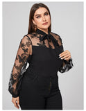 Plus Size Autumn Winter Women Clothes Solid Color Mesh Stitching Long Sleeves Lace-up Shirt