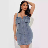 Stretch Denim Stitching Dress Shoulder Strap Buckle Regulator