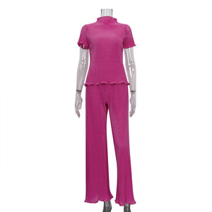 Spring Slimming T shirt High Waist Blue Pleated Wide Leg Pants Casual Women Clothing Fashion Suit