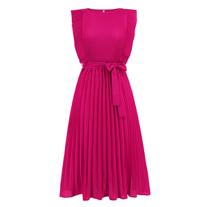 Summer Ruffle Sleeve Folding Pleated Dress Solid Color Plus Size Dress