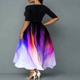 Plus Size Print Slim Fit Elegant Sleeve Belt Dress Sexy V Neck Patchwork Maxi Dress
