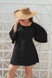 Plus Size Women Clothing Solid Color Casual Holiday Dress Travel Crew Neck Split Puff Sleeve Dress