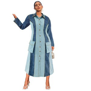 Plus Size Women Clothing Denim Stitching Collared Long Sleeve Dress