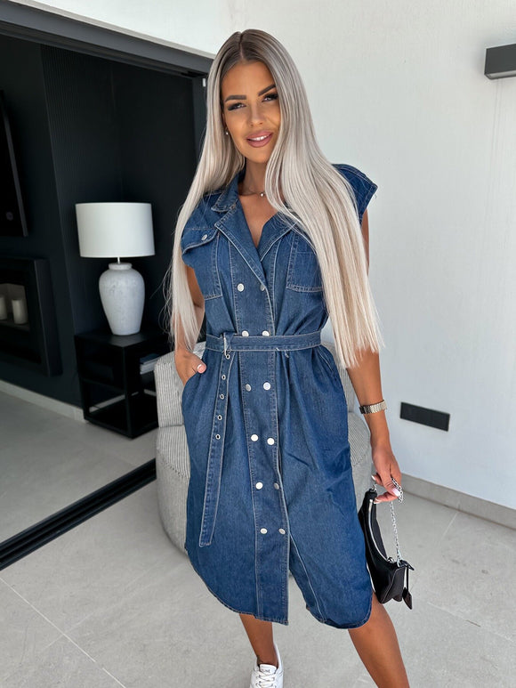 Women Clothing Casual Polo Collar Sleeveless Clinch Open Chest Waist Controlled Lace Up Denim Dress