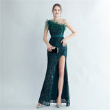 Heavy Industry Ostrich Hair Craft Beading Hair Oblique Shoulder Side Slit High End Evening Dress