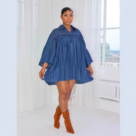 Women Elegant Loose Denim Row Pleated Stitching Women Clothing Dress
