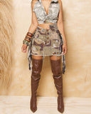 Women Clothing Summer Camouflage Tassel Skirt Skirt Camouflage Patch Wrapped Skirt