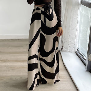 Plus Size Women Clothing Casual Striped Printed Elastic Waist Straight Pants