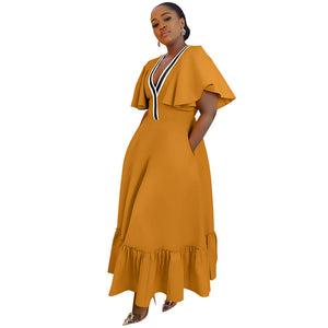 Women Wear Pocket Ruffle Sleeve V Collar Contrast Color Stitching Dress
