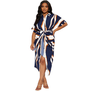 Plus Size Women Striped Bandage Collared Short Sleeve Long Pattern Dress