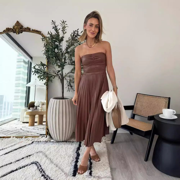 Spring Autumn Wrapped Chest Pleated Leather Dress Casual Loose All Matching Dress Women