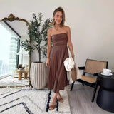 Spring Autumn Wrapped Chest Pleated Leather Dress Casual Loose All Matching Dress Women