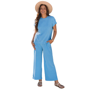 Summer Solid Color Short Sleeve Two Piece Set for Women Simple Loose Knit Casual Set Women