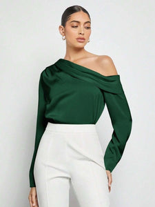 Pleated Satin Shirt Top Spring Summer off the Shoulder Asymmetric Long Sleeve Shirt Women Clothing
