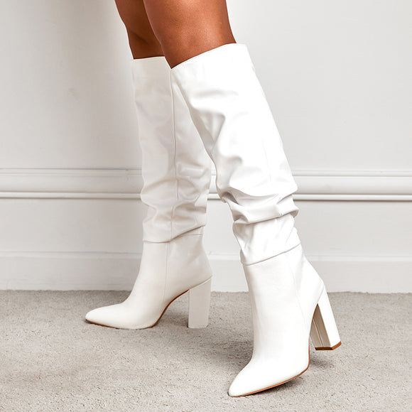 Boots Simple Shallow Mouth Pointed Mid Calf Chunky Heel Boots Slip on Comfortable Outdoor All Matching