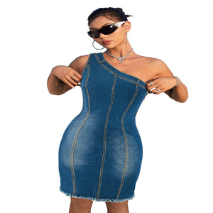 Plus Size Women Clothing Denim Collarless Sleeveless Shoulder Dress