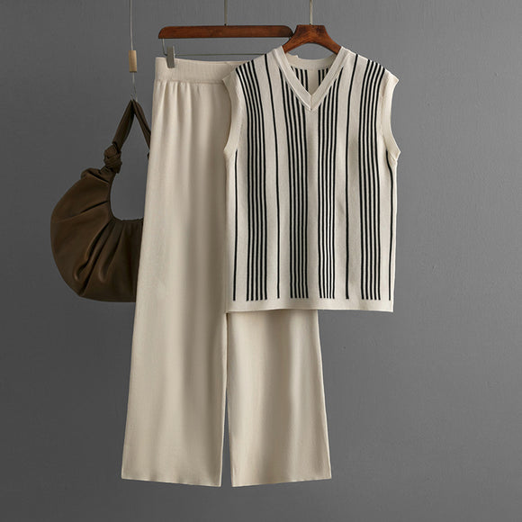 Women Clothing Striped V neck Sleeveless Knitted Vest Solid Color Wide Leg Pants Summer Casual Set