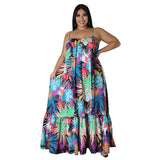 Plus Size Summer Sexy off Shoulder Pleated Long Women Clothes Printing Slip Dress