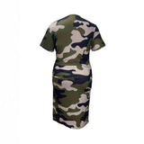 Plus Size Camouflage Printed round Neck Side Pleated High Slit Shoulder Sleeve Dress