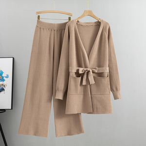 Wide Leg Pants Knitted Cardigan Coat Two Piece Women Spring Autumn Loose Western Fashionable Graceful