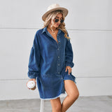 Women Loose Denim Long Sleeve Frayed Dress Midi Dress