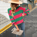 Autumn Pullover plus Size Patchwork Stripes round Neck Casual Knitted Loose Idle Bottoming Sweater