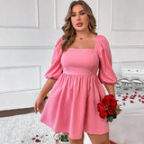 Plus Size French Square Collar Dress Long Sleeve Puff Sleeve A line Casual Short Mini Dress