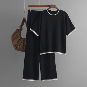 Summer Simple round Neck Short Sleeve Top Sunken Stripe Slimming Draped Pants Color-Contrasting Stripe Knitted Two Piece