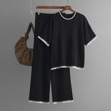 Summer Simple round Neck Short Sleeve Top Sunken Stripe Slimming Draped Pants Color-Contrasting Stripe Knitted Two Piece