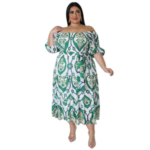 Plus Size Women Clothing Summer Print Short Sleeve Lace Up Folding High Waist Dress