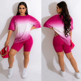 Gradient Color Printed Short Sleeve Summer Suit Slim T shirt Shorts Two Piece Set Women