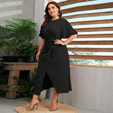 Plus Size Women Clothing Round Neck Pleated Dress Summer Elegant All Match A Line Midi Dress