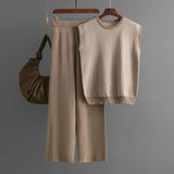 Women Sleeveless Striped Sweater Top Two Piece High Waist Straight Wide Leg Pants