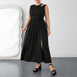 Plus Size Summer Round Neck Waist Trimming Split Maxi Dress Vest Sleeveless Stitching Dress