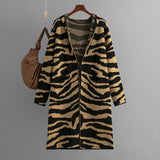 Knitted Coat for Women Autumn Winter V neck Hooded Long Sleeve Zebra Pattern Long Sweater Cardigan