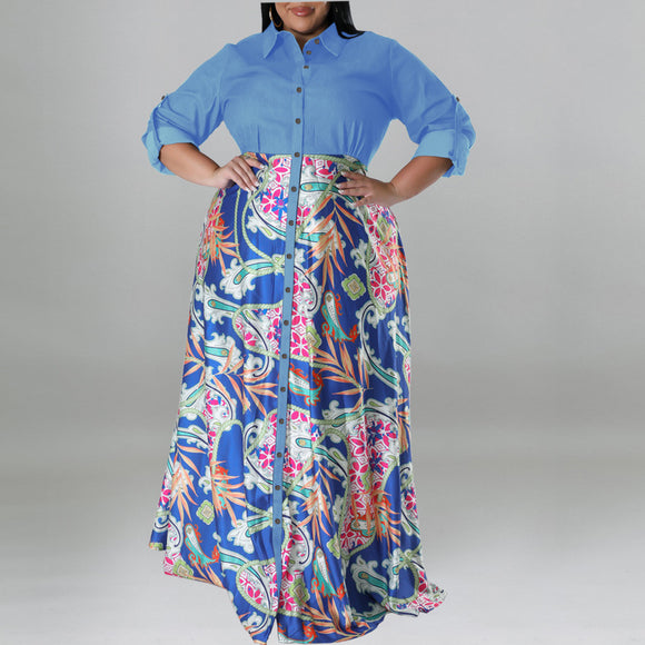 Plus Size Fall Women Clothing Open Chest Collar Long Sleeve Dress