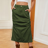 Women Clothing Summer Washed Elastic Waist Drawstring Denim Midi Dress