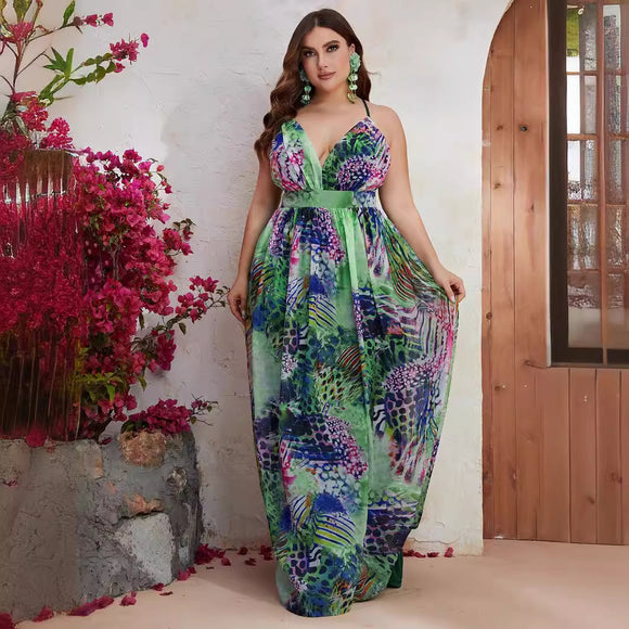 Plus Size Chiffon Spaghetti Straps Sleeveless Maxi Dress Summer Printed V neck Vacation Dress