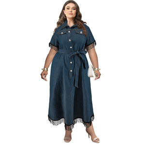 Plus Size Women Clothes Short Sleeve Tassel Collar Decorated with Buttons Belt Dress