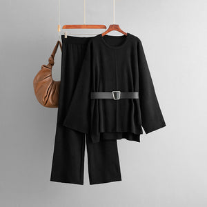 Women Autumn Winter Knitted Belt Top Loose High Waist Wide Leg Pants Two Piece Sets