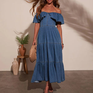 Women Clothing Stylish Loose round Neck Ruffled Swing Denim Dress