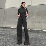 Spring Slimming T shirt High Waist Blue Pleated Wide Leg Pants Casual Women Clothing Fashion Suit