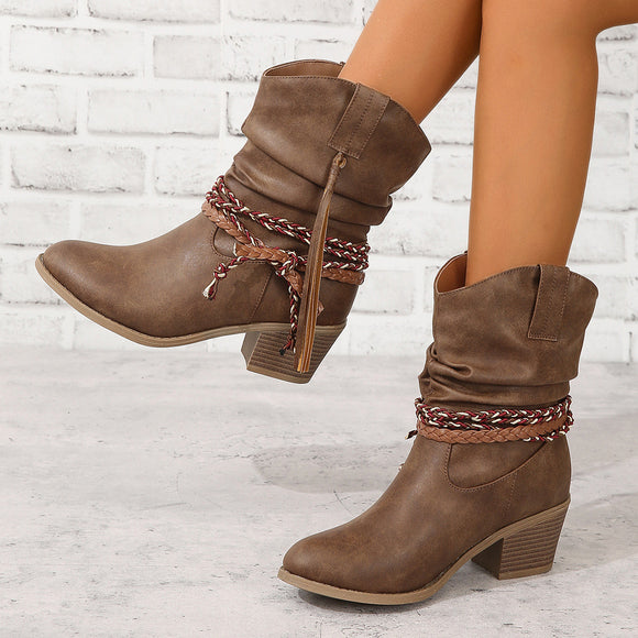 Pleated Tassel Chunky Heel High Heel Height Increasing Women Tassel Boots Braid round Head Women Mid Boots