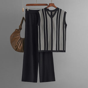 Women Clothing Striped V neck Sleeveless Knitted Vest Solid Color Wide Leg Pants Summer Casual Set