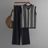 Women Clothing Striped V neck Sleeveless Knitted Vest Solid Color Wide Leg Pants Summer Casual Set