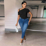 Plus Size Women Clothing Summer Slim off Shoulder Diagonal Collar Solid Color T shirt Top